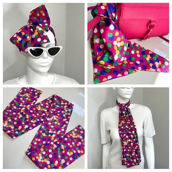Vintage 1970s / 1980s Handmade Quirky Rainbow Polka Dot Hair Neck or Bag Scarf - Picture 2 of 3